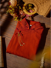 Dou Kou 豆蔻 Cardamom Republic of China Striped Cotton & Linen Bell Sleeve Qipao