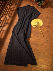 Tang Mi 糖蜜 Molasses Republic of China Navy Plaid Pure Cotton Short Sleeve Qipao