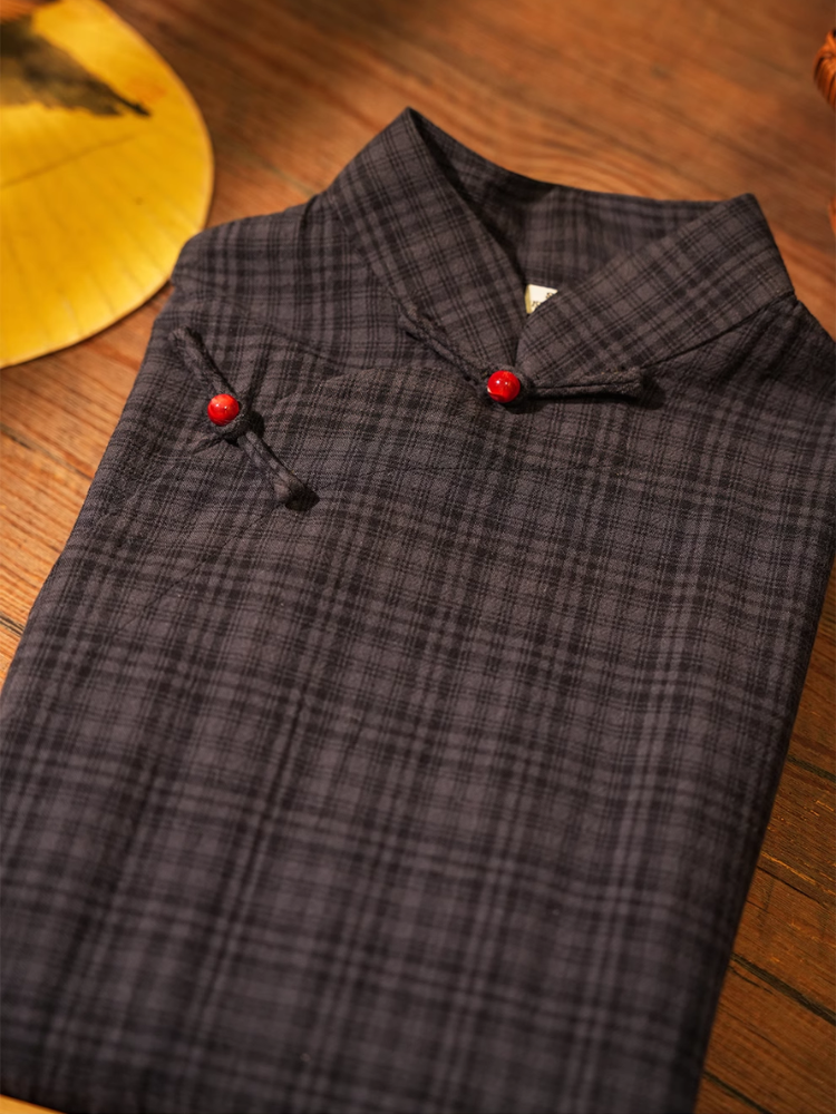 Tang Mi 糖蜜 Molasses Republic of China Navy Plaid Pure Cotton Short Sleeve Qipao