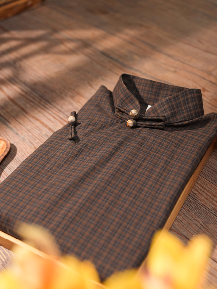 Song Lü 松露 Dark Truffle Republic of China Plaid Jacquard Short Sleeve Qipao