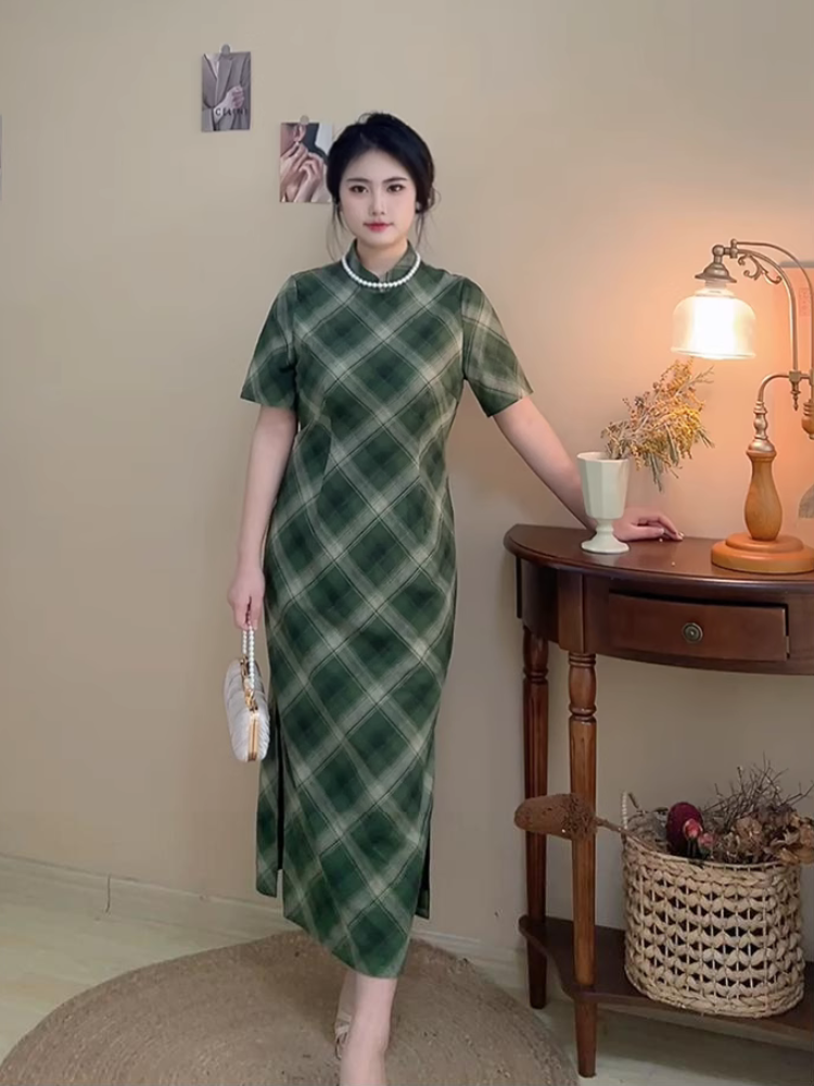 Gezi 格子 Plaid Plus Size 1930s Inspired Cotton Short Sleeve Qipao