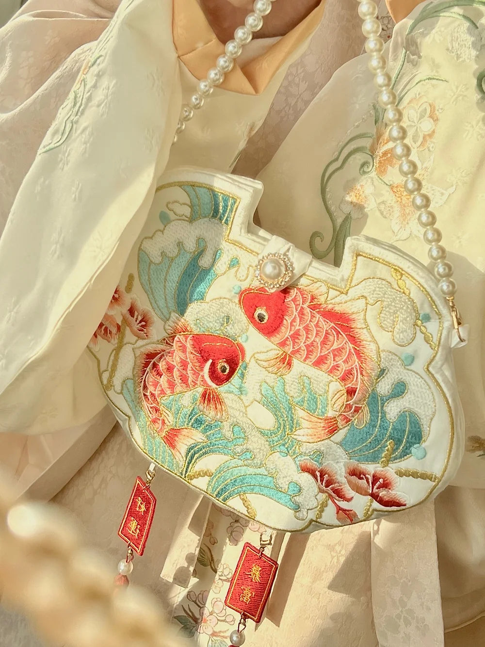 Leaping Koi 好运 Embroidered Pearl Cross Body Purse