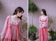Taohua Qu 桃花曲 Peach Blossom Ballad Modernized Tang Dynasty Floral Embroidery Ruqun Top & Skirt Set