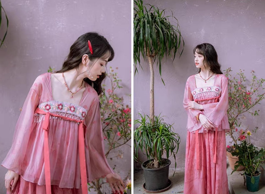 Taohua Qu 桃花曲 Peach Blossom Ballad Modernized Tang Dynasty Floral Embroidery Ruqun Top & Skirt Set