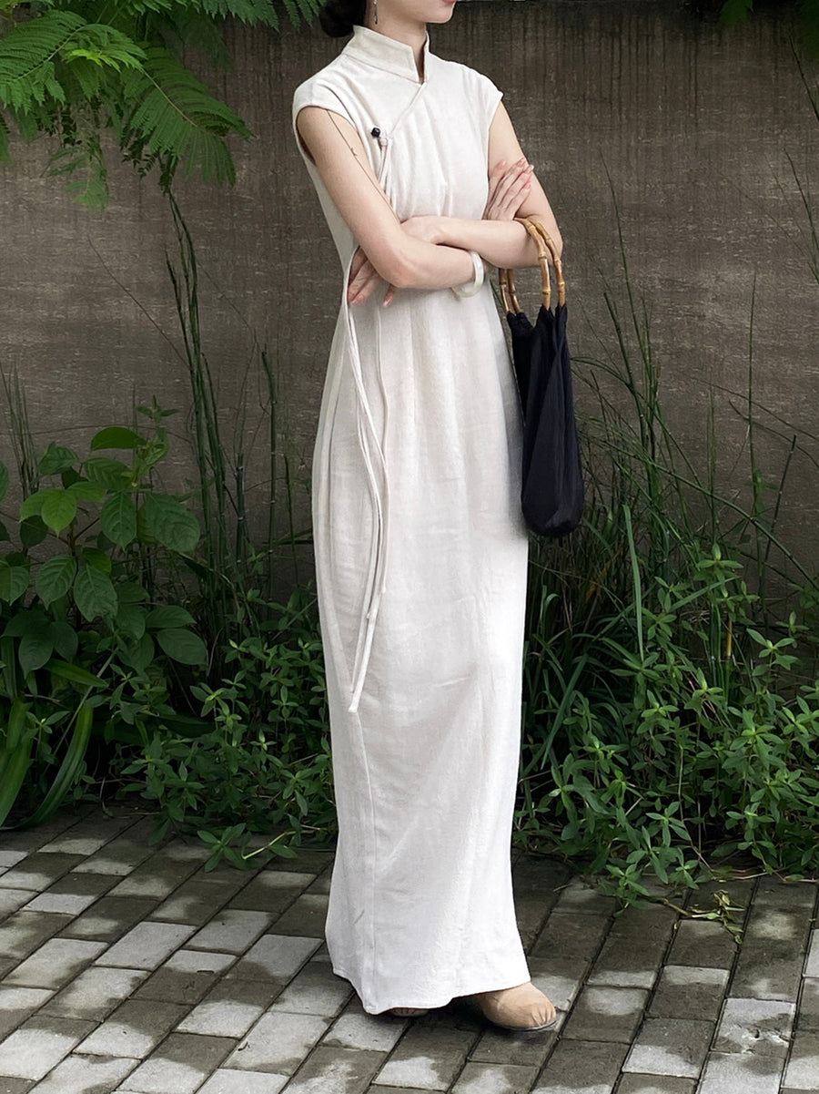 Wu Jian 无间 Without Separation Modernized Tassels Linen Blend Cap Sleeve Qipao