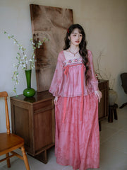 Taohua Qu 桃花曲 Peach Blossom Ballad Modernized Tang Dynasty Floral Embroidery Ruqun Top & Skirt Set