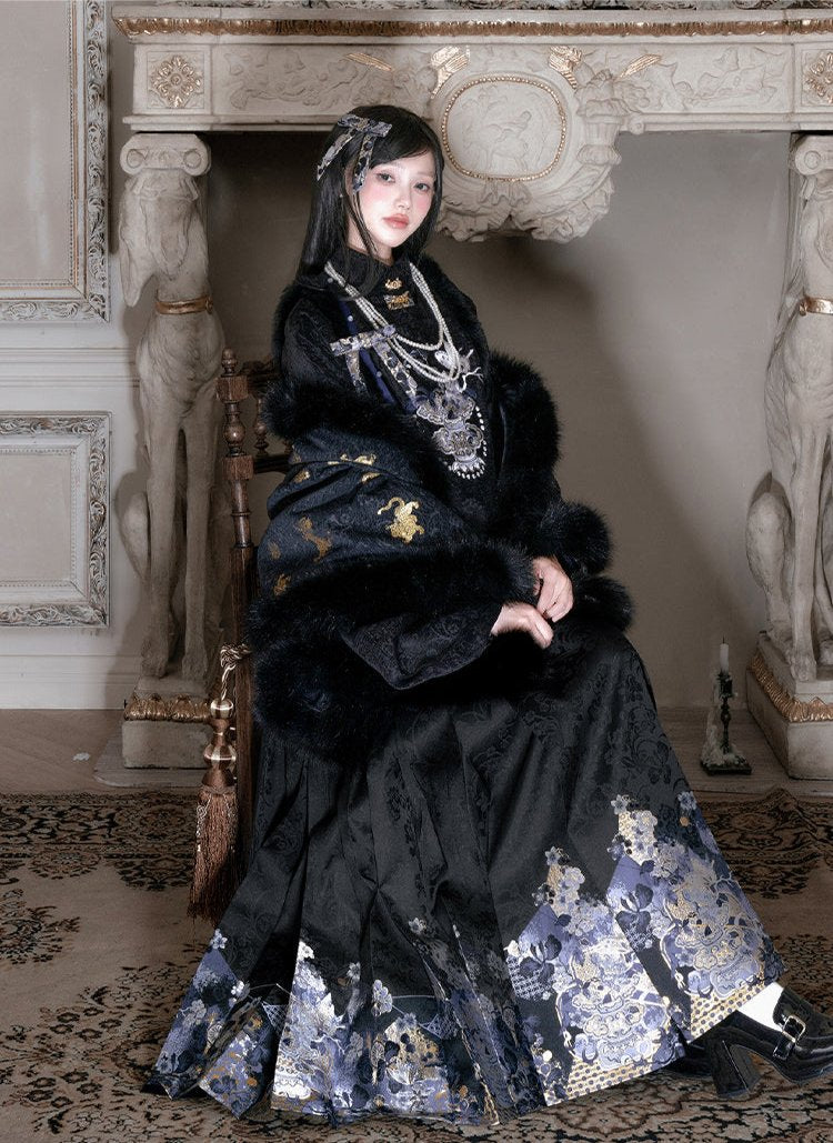 Qinghua Dianmo 青花点墨 Porcelain Ink Modern Ming Bijia Vest & Mamian Skirt Set