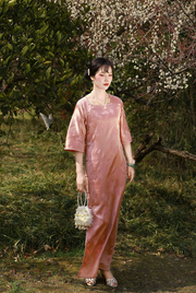 Yan Yan 胭胭 Rouge 1920s Collarless Jacquard Crepe Bell Sleeve Qipao