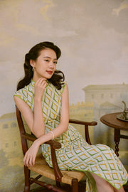 Ruo Ling 若菱 Water Chestnut Midcentury Geometric Chiffon Cap Sleeve Qipao