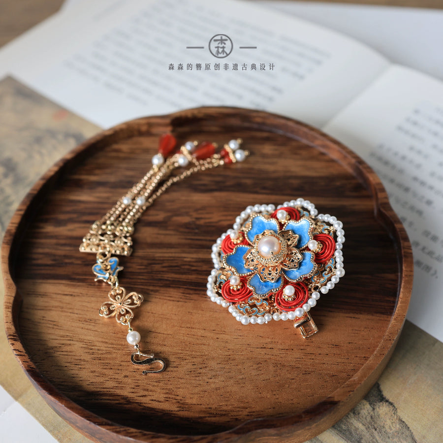 Bao Xianghua 宝相花 Auspicious Flower New Chinese Style Pearl Tassel Hair Clips