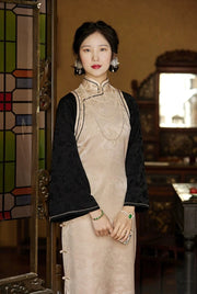 Cappucino 卡布奇诺 1930s Satin Jacquard Faux Two-Piece Bell Sleeve Qipao