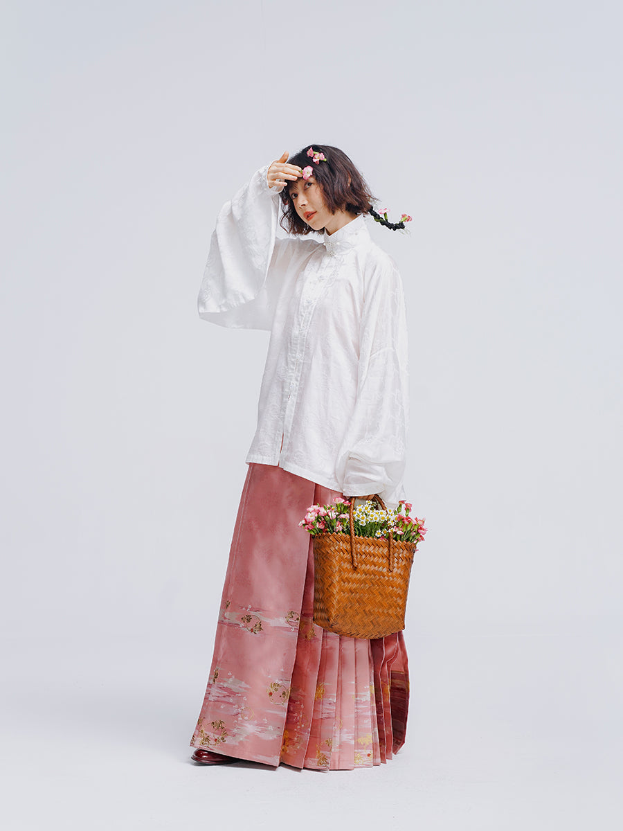 Man Man 慢慢 Modernized Ming Dynasty Mulberry Silk Liling Duanshan Standing Collar Top