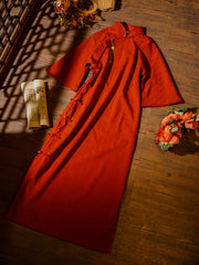 Dou Kou 豆蔻 Cardamom Republic of China Striped Cotton & Linen Bell Sleeve Qipao