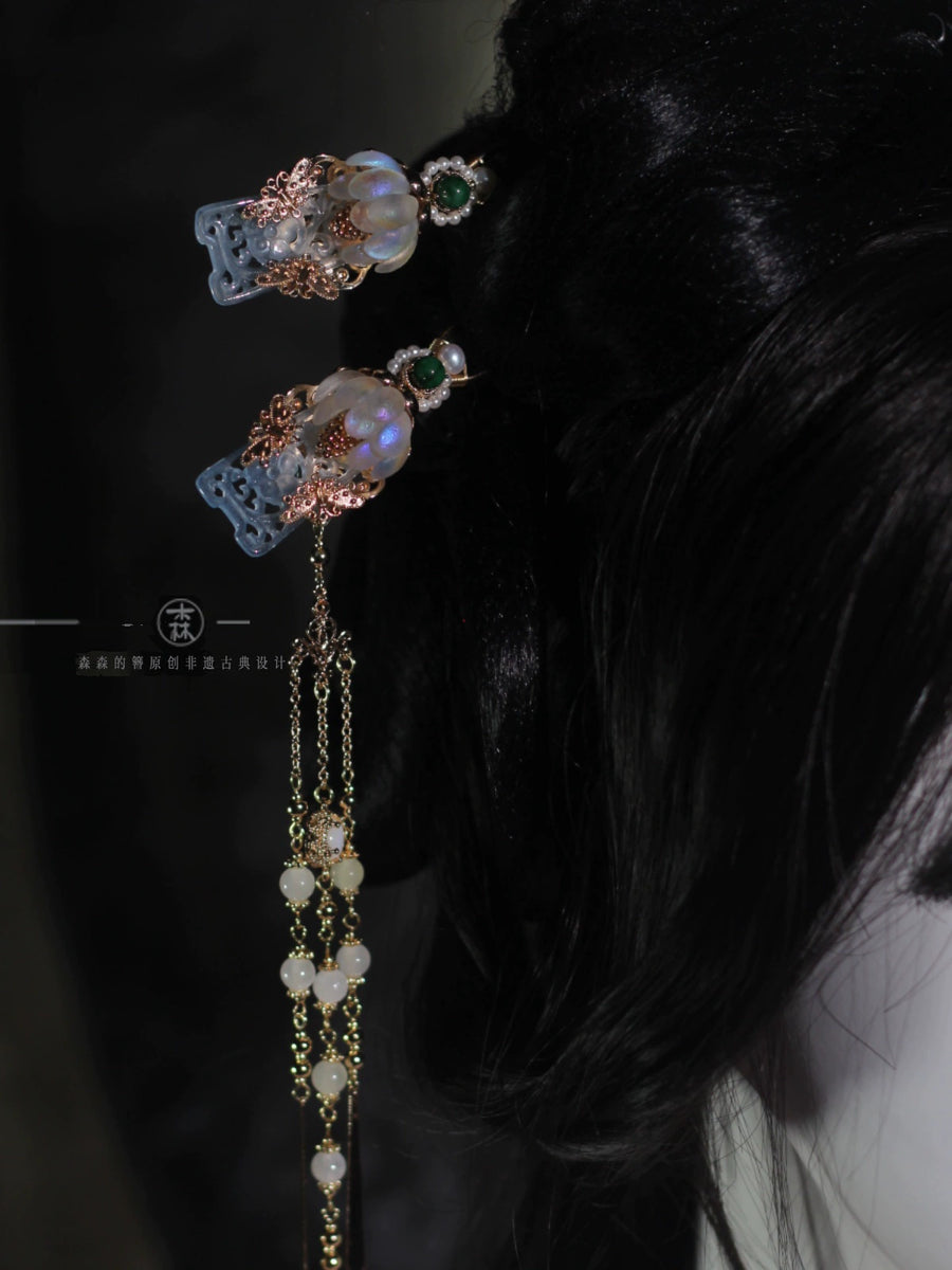 Nuhua 女华 Feminine Elegance New Chinese Style Blue Bashan Jade Hair Accessories