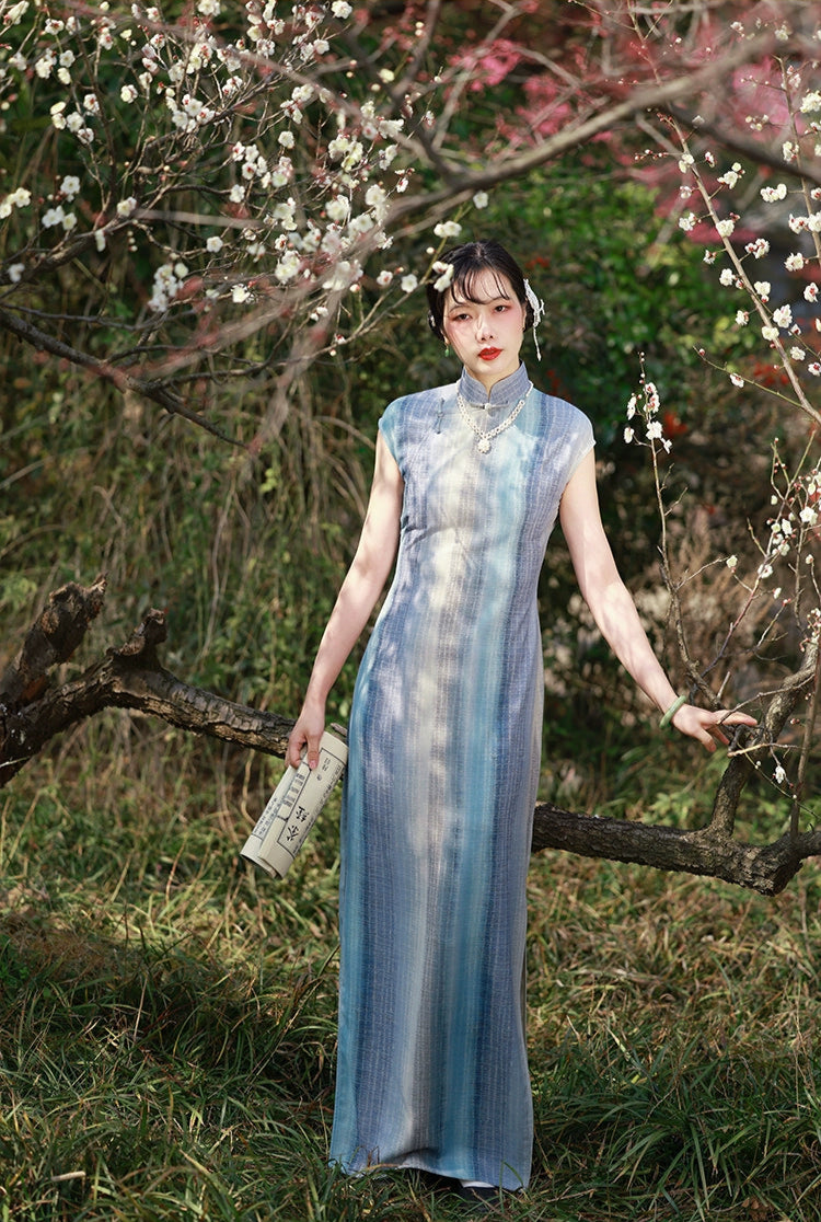 Susie Q 苏西Q 1930s Ombré Stripe Spring Summer Cap Sleeve Qipao