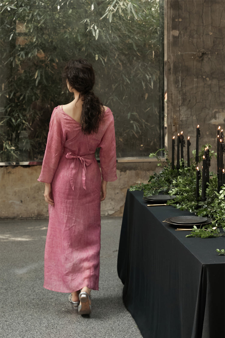 Peach Blossom with a Human Face 人面桃花 New Chinese Style Pure Ramie Wrap Dress