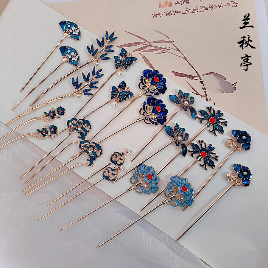 Shao Lan 烧蓝 Burnt Blue Various Ming Dynasty Turquoise Flower Hairpins