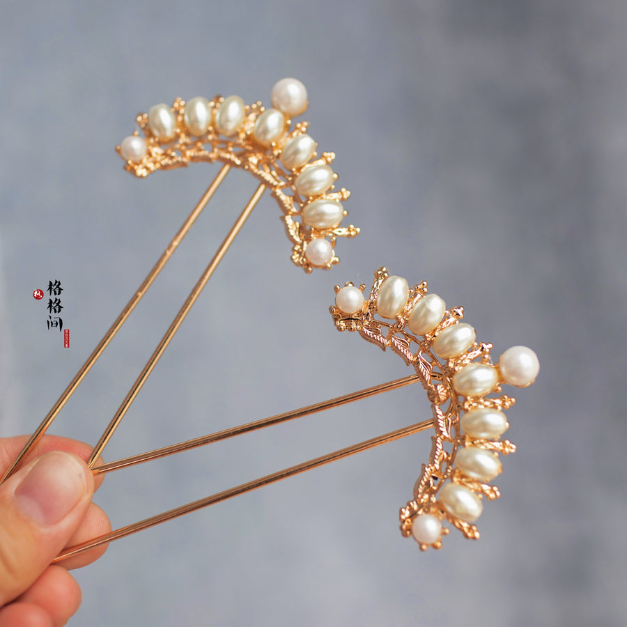 Ban Yuan 半圆 Semi Circle Curved Pearl Tang Song Hairpins