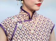 Hai Tang 海棠 Begonia Republic of China Geometric Print Pure Cotton Cap Sleeve Qipao