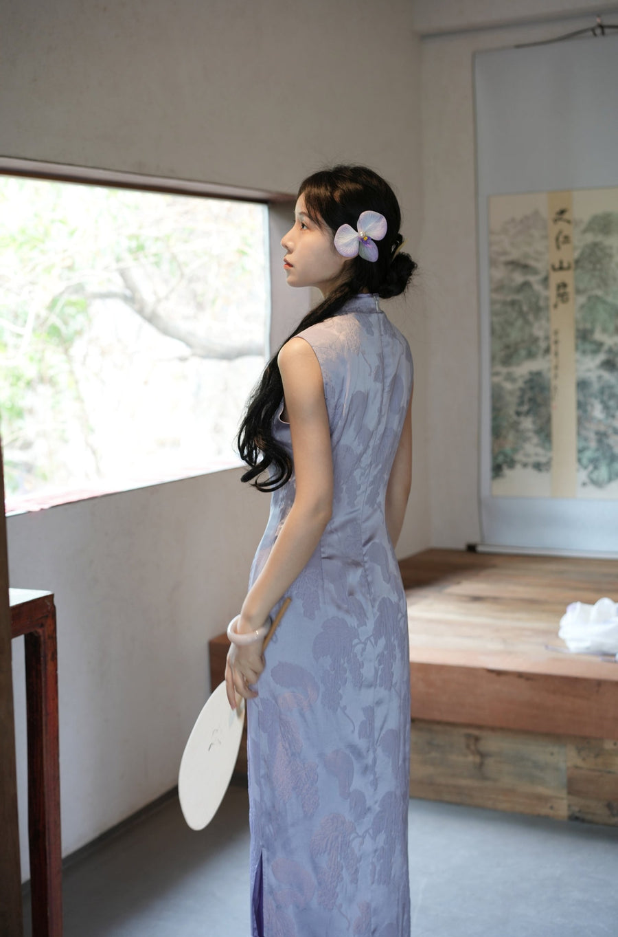 Wu Teng 雾藤 Misty Vine Modernized Handpainted Wisteria Bottleneck Qipao & Cardigan