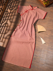 Yecan Tan 野餐毯 Picnic Blanket Republic of China Gingham Pure Cotton Short Sleeve Qipao