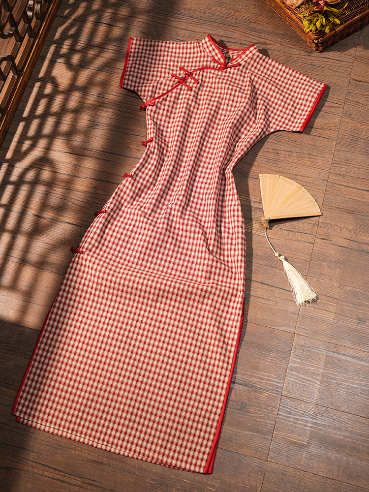 Yecan Tan 野餐毯 Picnic Blanket Republic of China Gingham Pure Cotton Short Sleeve Qipao
