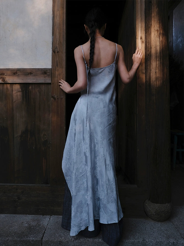 Yushu Luo 玉黍螺 Periwinkle New Chinese Style Bias Cut Satin Jacquard Two-Way Dress