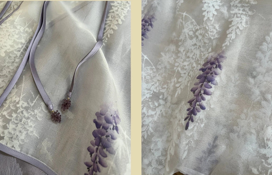 Wu Teng 雾藤 Misty Vine Modernized Handpainted Wisteria Bottleneck Qipao & Cardigan
