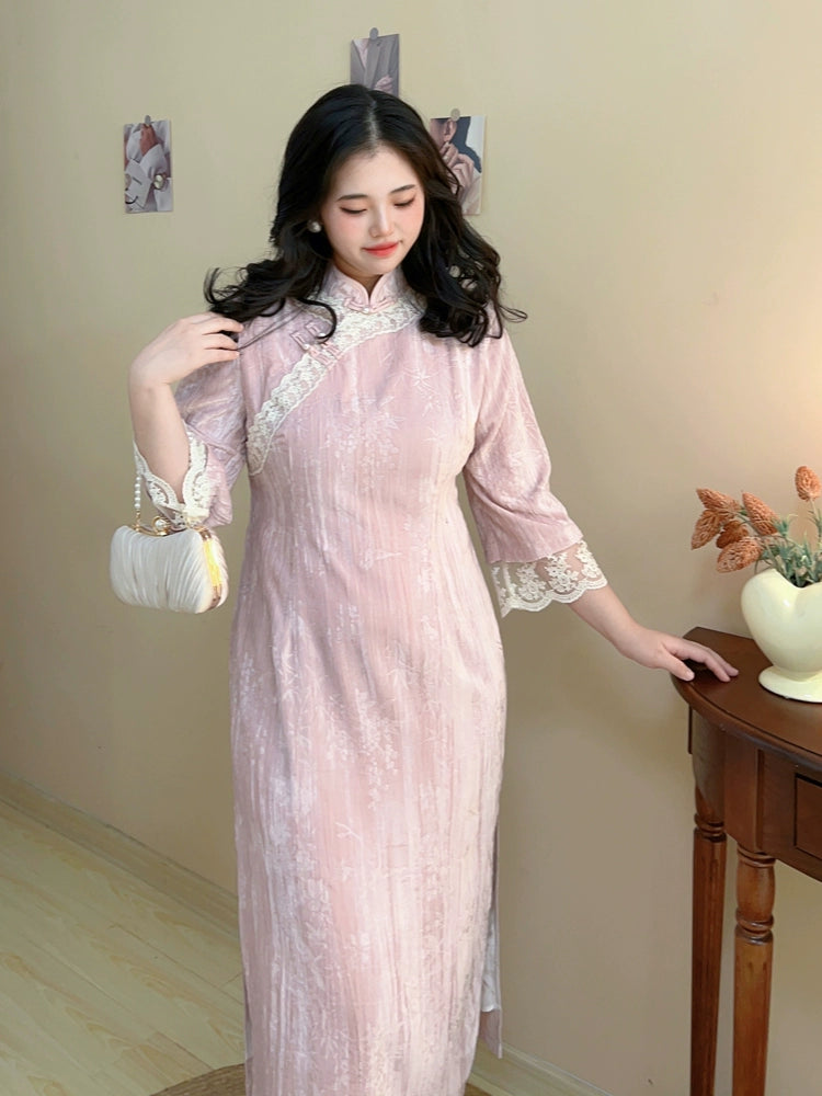 Shaonü 少女 1920s Inspired Plus Size Lace Half Sleeve Qipao