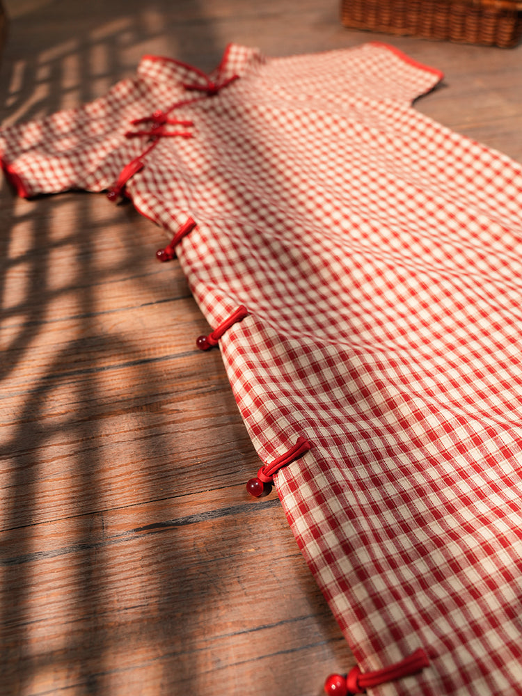 Yecan Tan 野餐毯 Picnic Blanket Republic of China Gingham Pure Cotton Short Sleeve Qipao