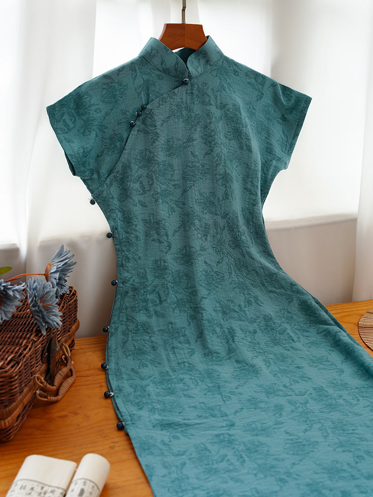 Tui Se 褪色 Faded Paint Republic of China Floral Monofilament Cotton & Linen Short Sleeve Qipao