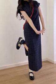 Tang Mi 糖蜜 Molasses Republic of China Navy Plaid Pure Cotton Short Sleeve Qipao