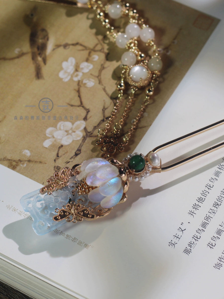Nuhua 女华 Feminine Elegance New Chinese Style Blue Bashan Jade Hair Accessories