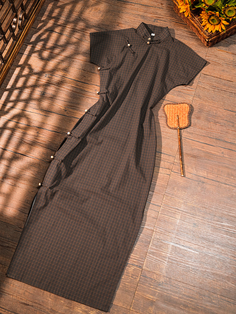 Song Lü 松露 Dark Truffle Republic of China Plaid Jacquard Short Sleeve Qipao