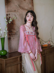 Taohua Qu 桃花曲 Peach Blossom Ballad Modernized Tang Dynasty Floral Embroidery Ruqun Top & Skirt Set