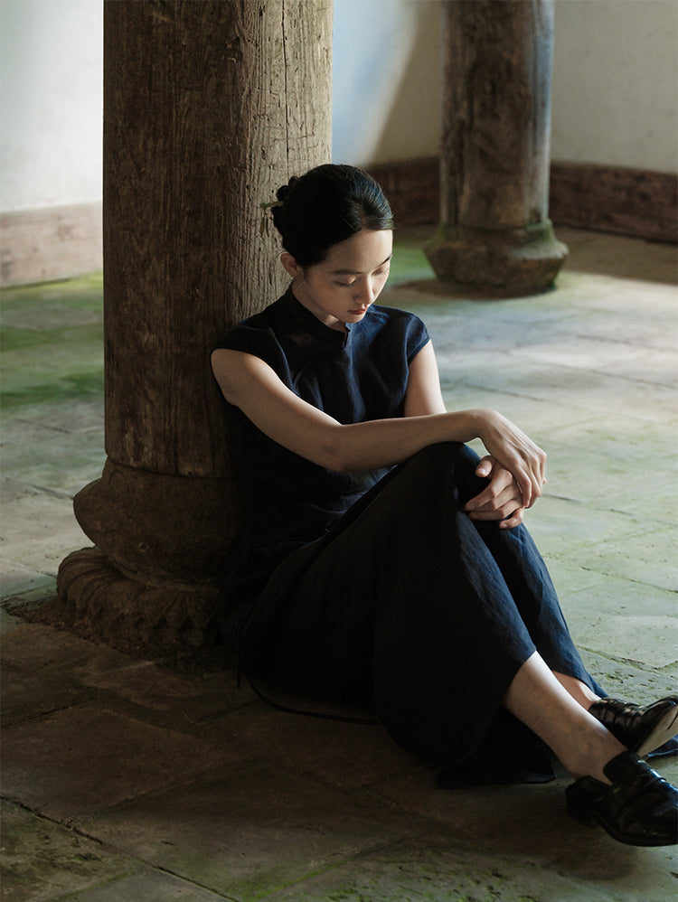 Lan Su 蓝溯 Tracing Blue New Chinese Style Summer Tencel Linen Qipao Top & Skirt Set