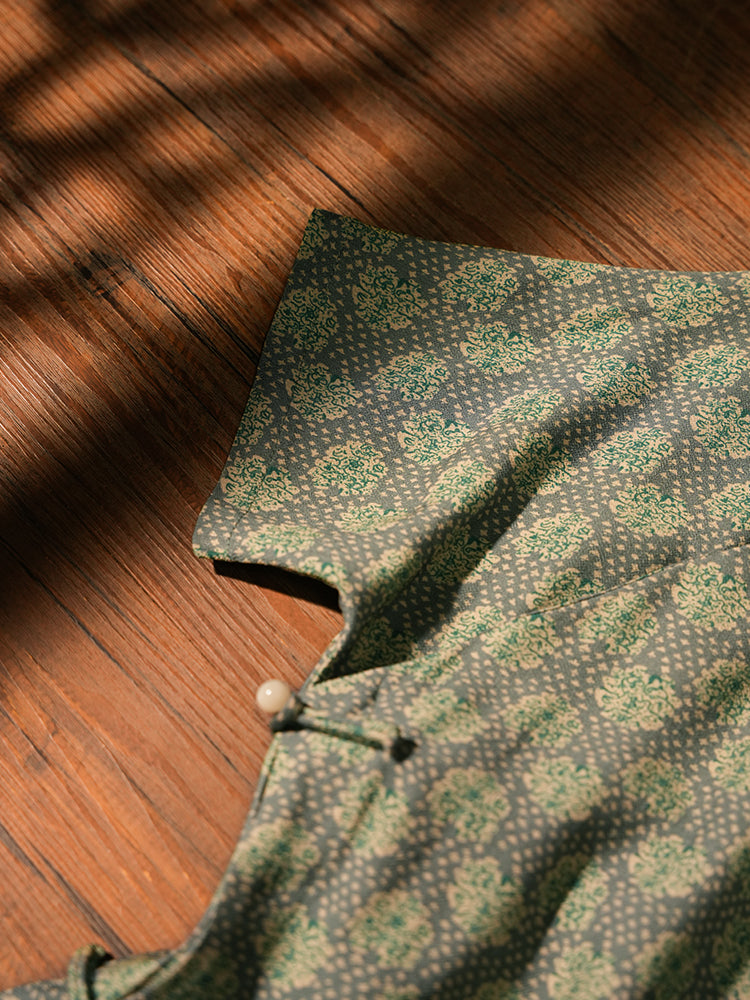 Lüsün 芦笋 Asparagus Republic of China Jacquard Cotton Short Sleeve Qipao