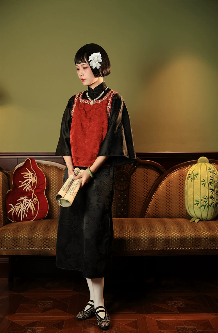 Xiao Chongshan 小重山 Layered Mountains 1920s Daily Floral Jacquard Bell Sleeve Qipao