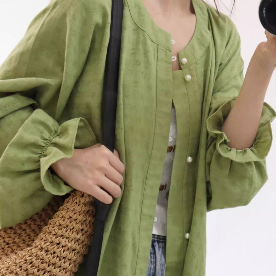 Touqi 透气 Lantern Sleeve Modernized Ming Round Collar Shirt