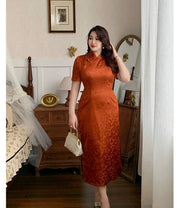 Xiaying Rui 霞映蕊 Glowing Sunset Plus Size Modernized Vintage Bottleneck Jacquard Qipao