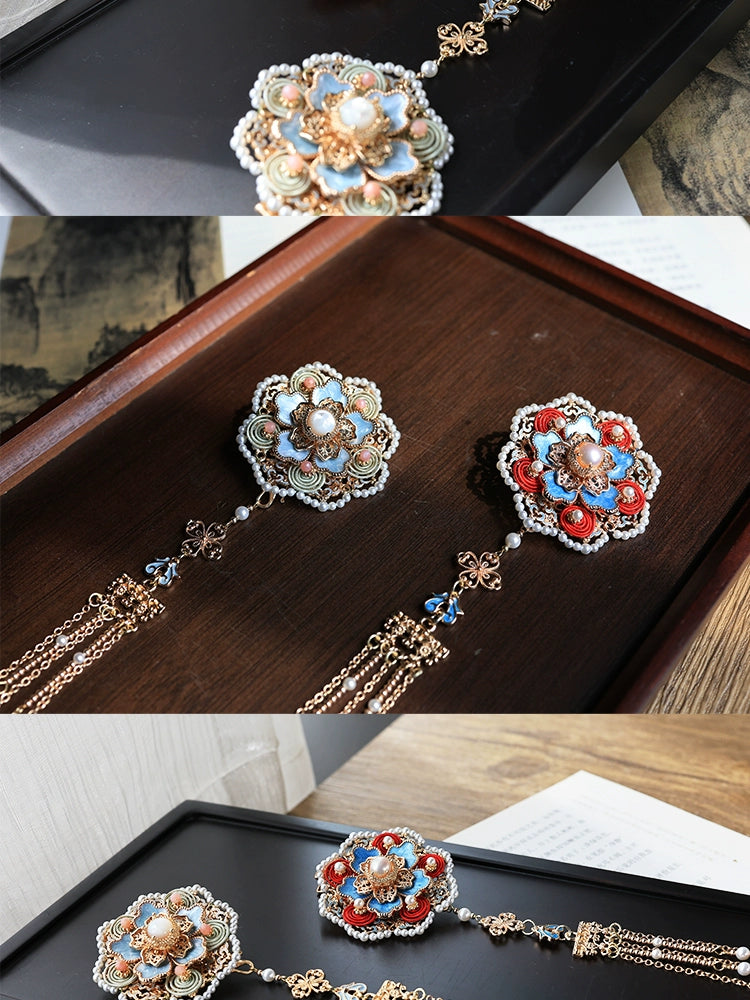 Bao Xianghua 宝相花 Auspicious Flower New Chinese Style Pearl Tassel Hair Clips