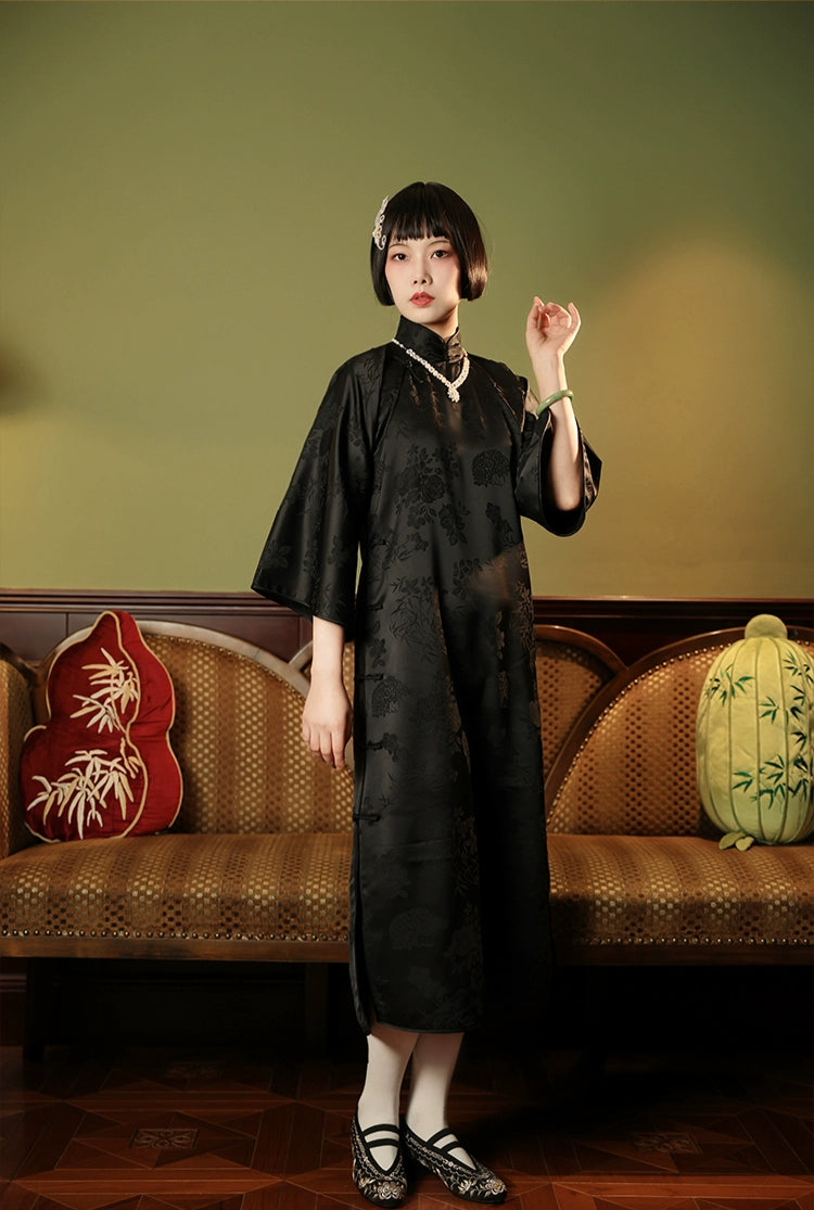 Xiao Chongshan 小重山 Layered Mountains 1920s Daily Floral Jacquard Bell Sleeve Qipao