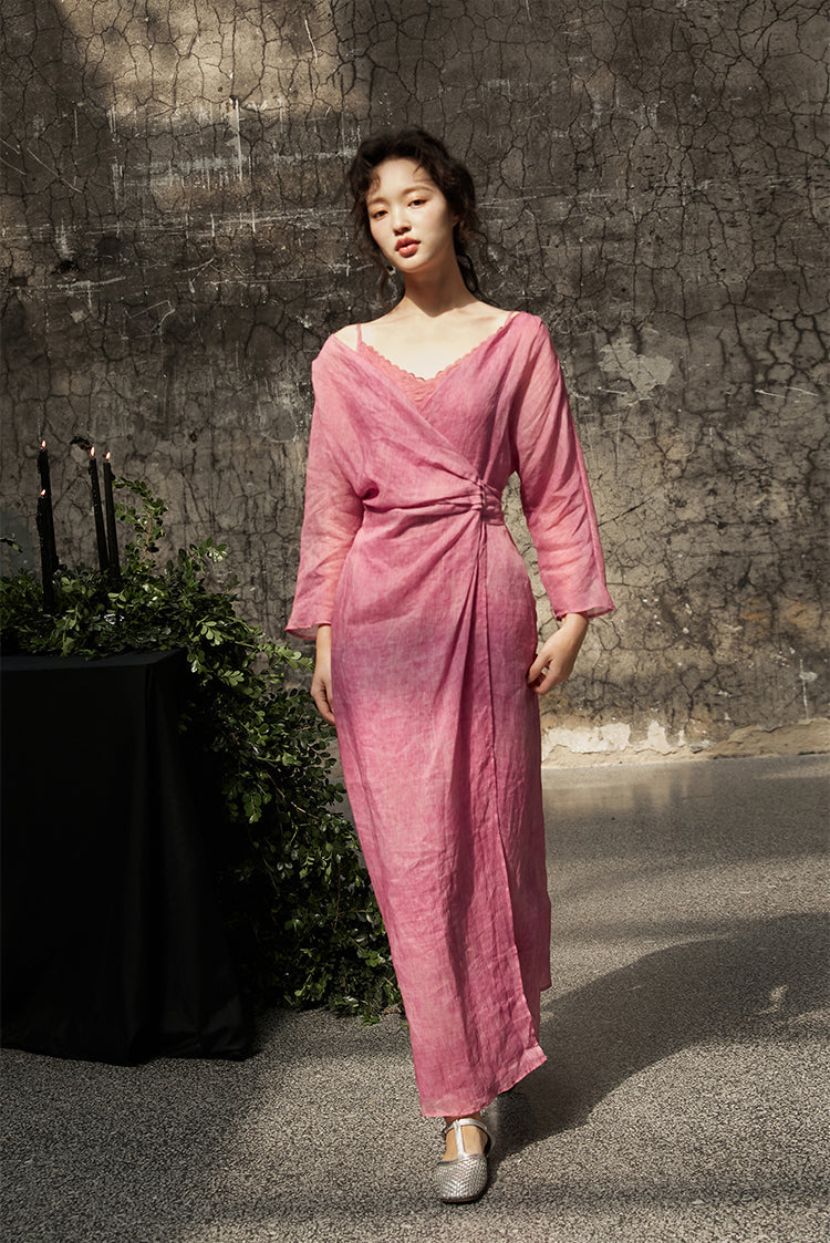 Peach Blossom with a Human Face 人面桃花 New Chinese Style Pure Ramie Wrap Dress