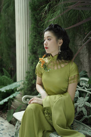 Yu Linglong 玉玲珑 1930s Lace Floral Eyelet Qipao & Short Blazer Set