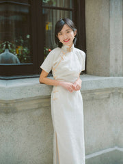 Baizhi 白芷 Modernized Retro Daily Cotton & Linen Blend Half Sleeve Qipao