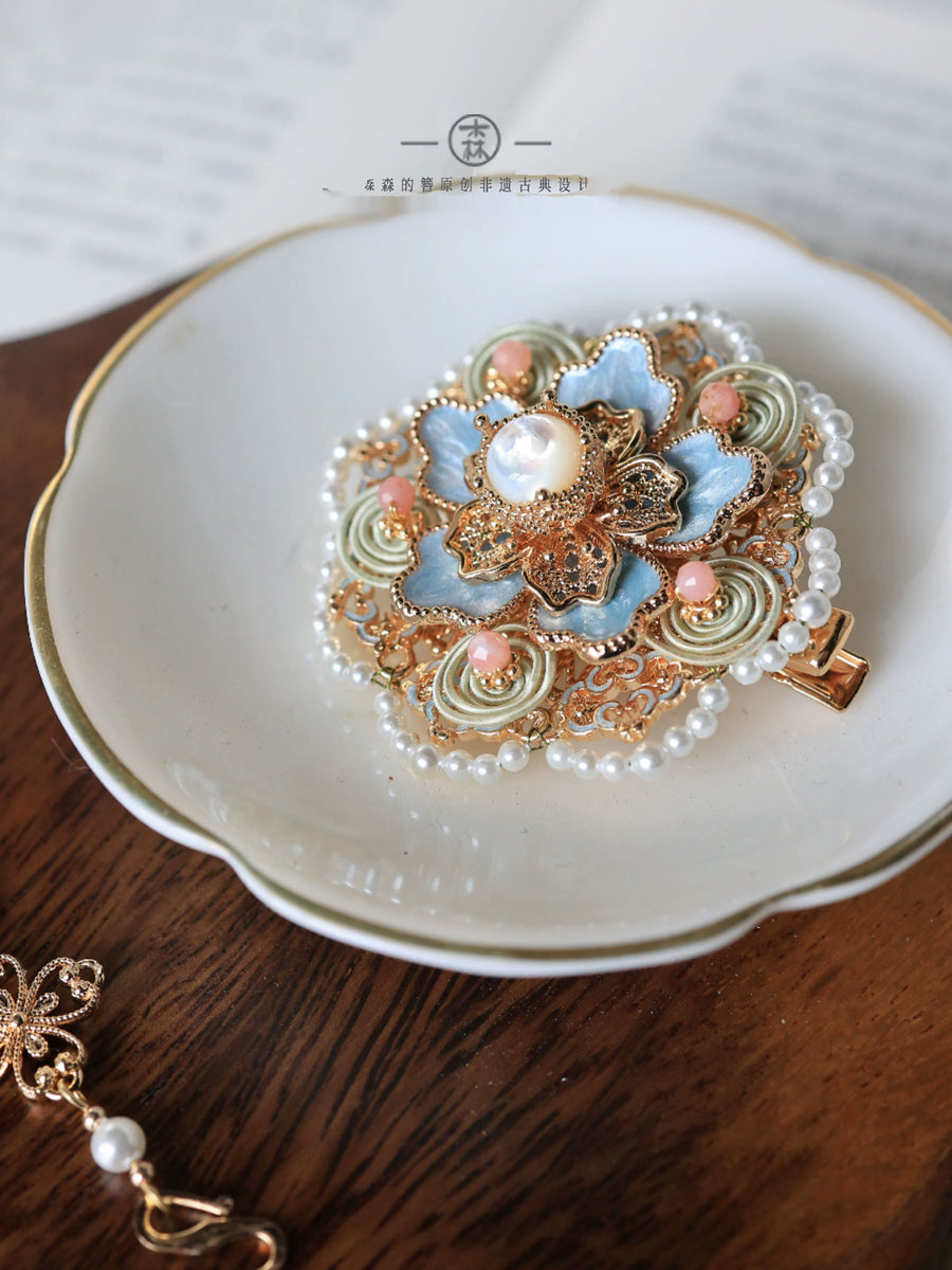 Bao Xianghua 宝相花 Auspicious Flower New Chinese Style Pearl Tassel Hair Clips