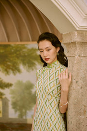 Ruo Ling 若菱 Water Chestnut Midcentury Geometric Chiffon Cap Sleeve Qipao