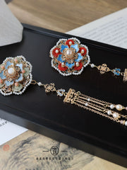 Bao Xianghua 宝相花 Auspicious Flower New Chinese Style Pearl Tassel Hair Clips
