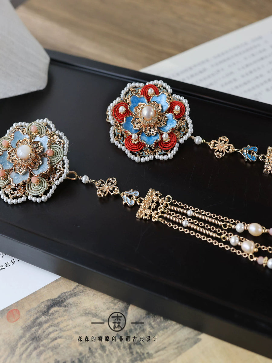 Bao Xianghua 宝相花 Auspicious Flower New Chinese Style Pearl Tassel Hair Clips