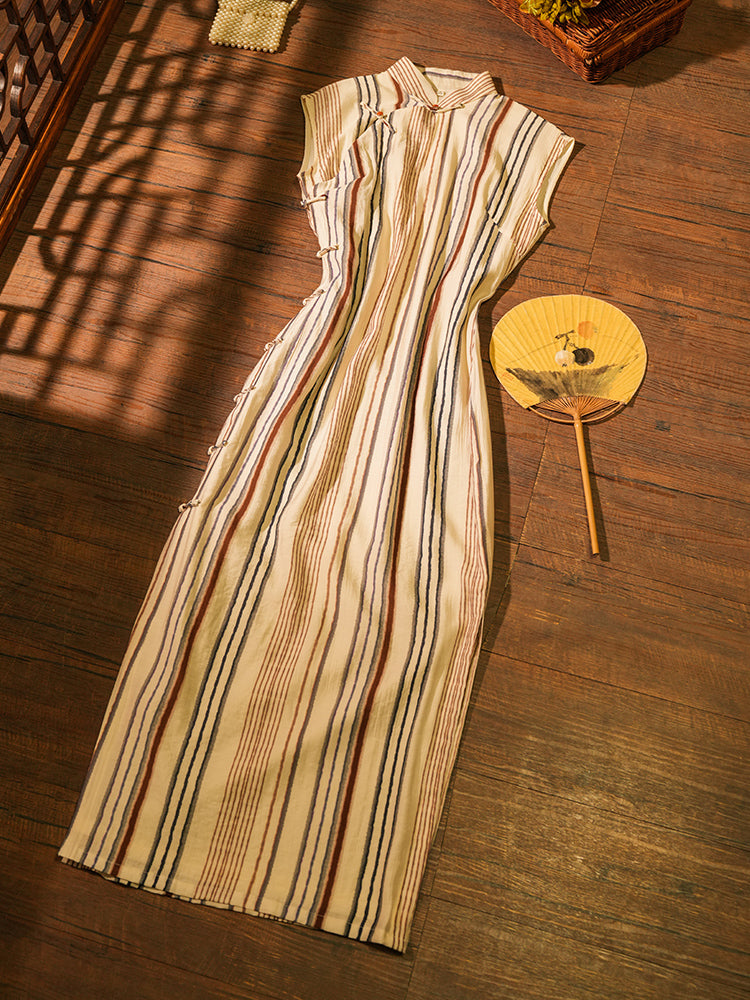 Xiao Lu 小路 Back Roads Republic of China Striped Cotton Sleeveless Qipao